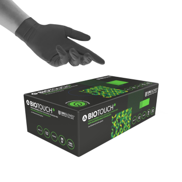 Black nitrile tattoo glove on hand above biodegradable Unigloves BioTouch box of 100 gloves medium size