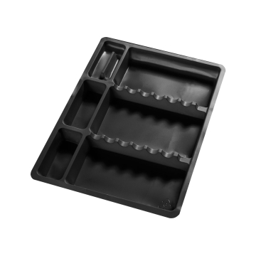 Black disposable instrument tray with multiple compartments for beauty tools.