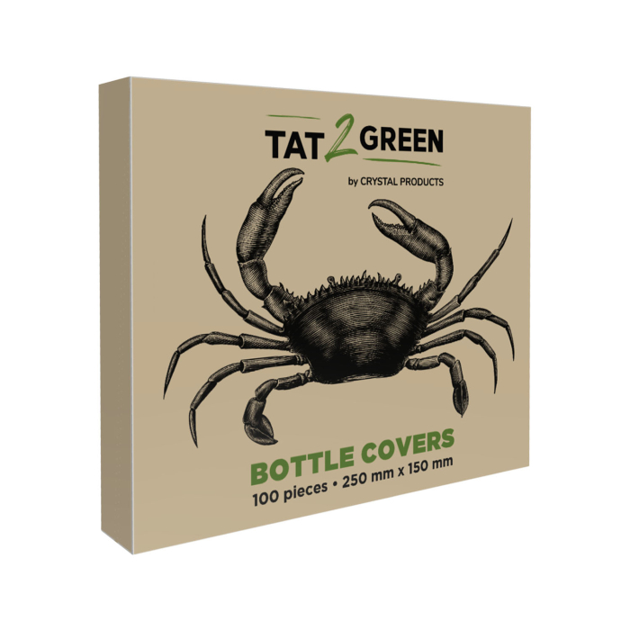 Une boîte beige étiquetée « Boîte de 100 Tat2Green - Gaines de Protection pour Bouteilles Noires » par CRYSTAL PRODUCTS, avec une illustration de crabe, contenant 100 housses de bouteilles, chacune mesurant 250 mm x 150 mm.