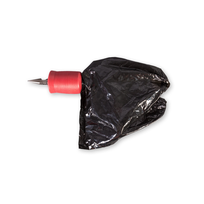 Black line tattoo machine bag partially covering red tattoo needle grip on white background