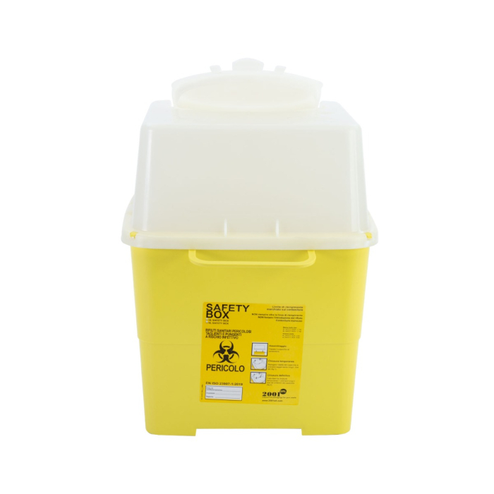 La poubelle pour aiguilles de tatouage Line Sharps 4 L (ISO-23907:2019) est une boîte de sécurité médicale jaune avec couvercle blanc, marquée de symboles de danger biologique pour l’élimination sécurisée des objets tranchants et des déchets médicaux.