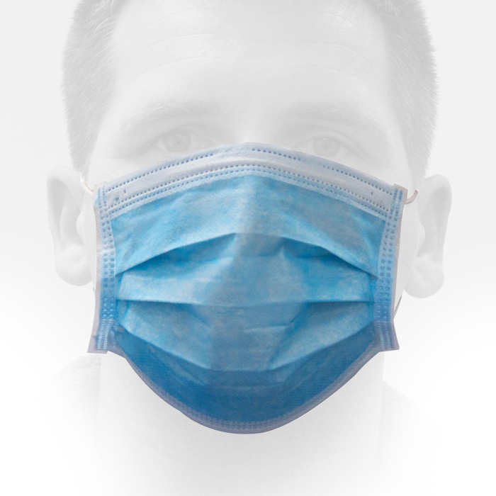 Man wearing blue disposable surgical mask from box of 50 Killer Ink surgical masks