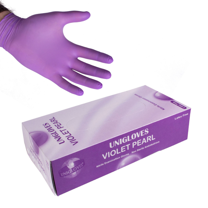 Box of 100 Unigloves Violet Pearl nitrile gloves with one glove worn on hand.