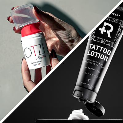 Primo piano di Otzi e Recovery Tattoo Lotion