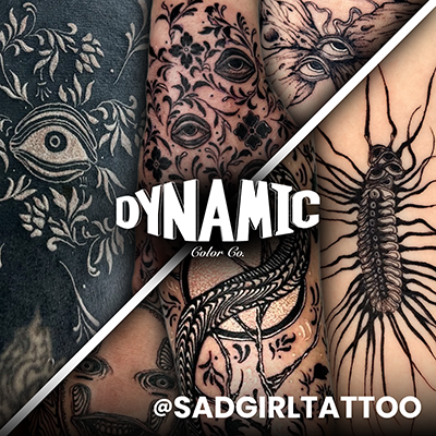 Un collage di tatuaggi guariti realizzati con Dynamic Tattoo Ink da Sad Girl Tattoo (Jasper Jarvis)