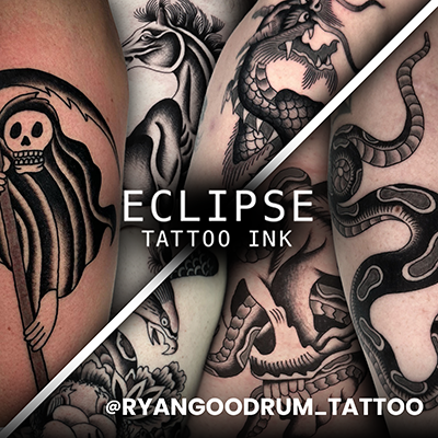 Un collage di tatuaggi guariti realizzati con Eclipse Tattoo Ink da Ryan Goodrum