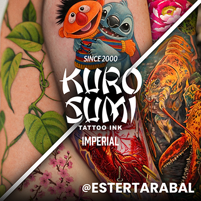 Un collage di tatuaggi guariti realizzati con Kuro Sumi Imperial da Ester Tarabal
