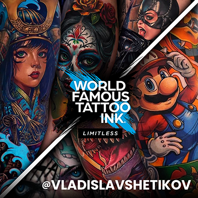 Un collage di tatuaggi guariti realizzati con World Famous Tattoo Ink da Vladislav Shetikov