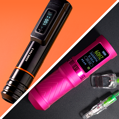 Un'immagine divisa che mostra una Cheyenne HAWK Pen 2 nera su uno sfondo arancione e una macchina Peak Solice Pro 3 rosa con una cartuccia accanto.