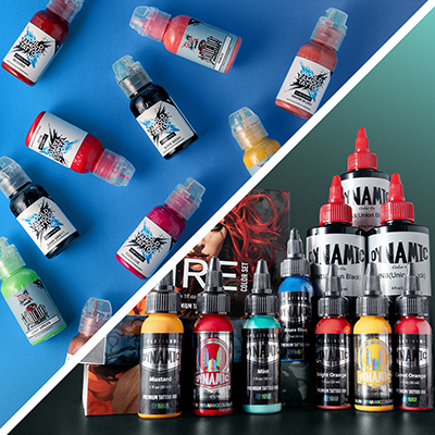 Flaconi di inchiostri per tatuaggi World Famous Limitless e Dynamic su uno sfondo arancione e blu