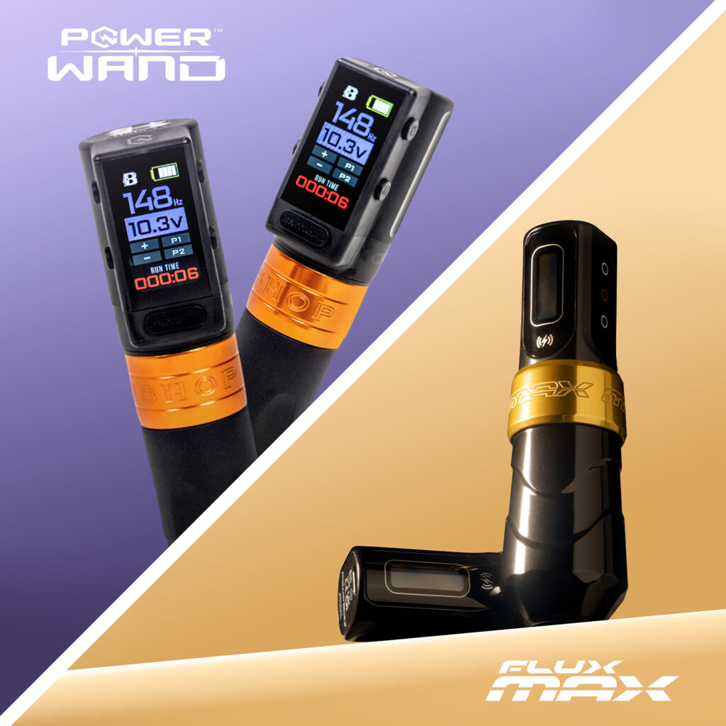 La macchinetta per tatuaggi Bishop Power Wand con uno sfondo viola e la macchinetta per tatuaggi FK Irons Flux Max con uno sfondo dorato.