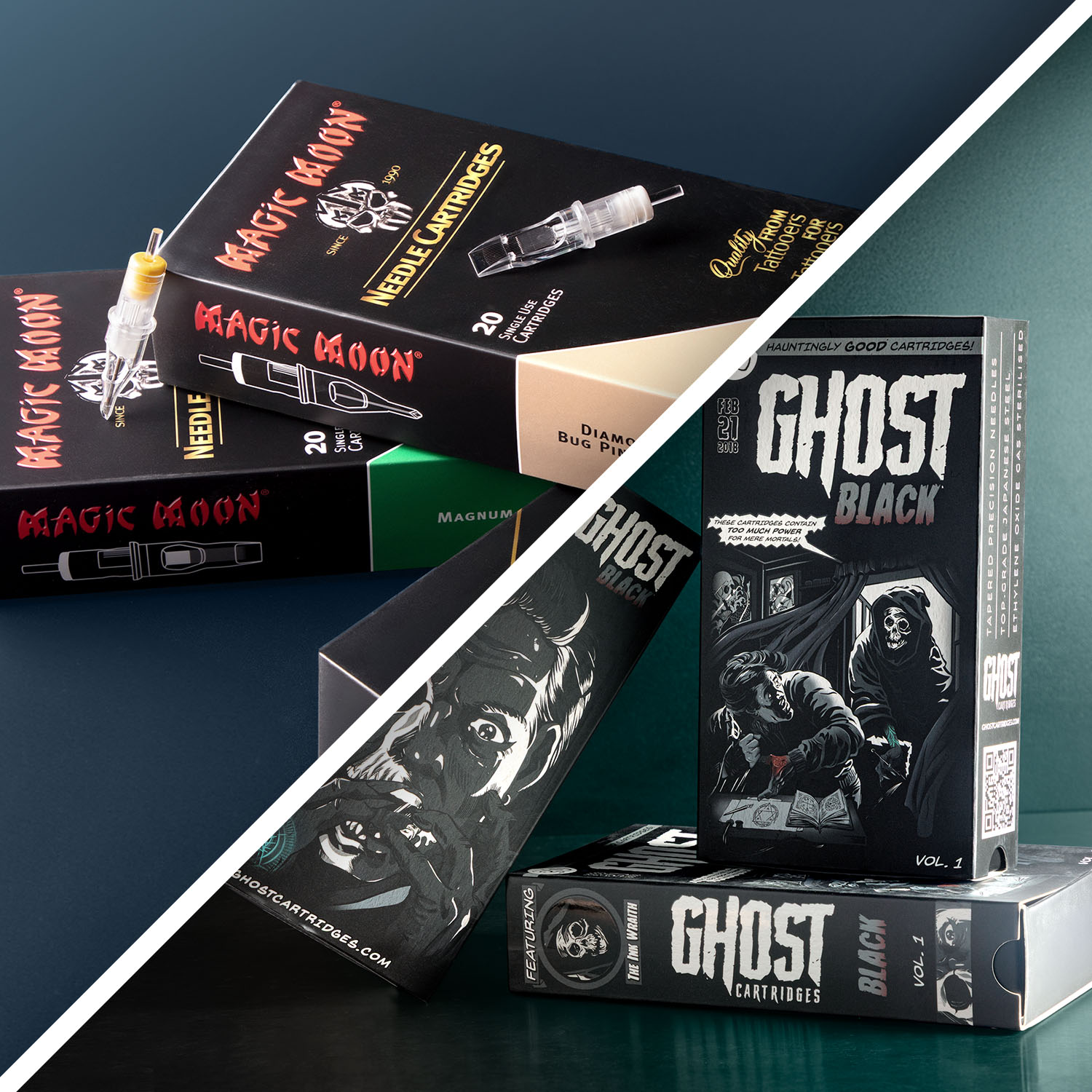 Scatole di cartucce Magic Moon e Ghost impilate una sull'altra