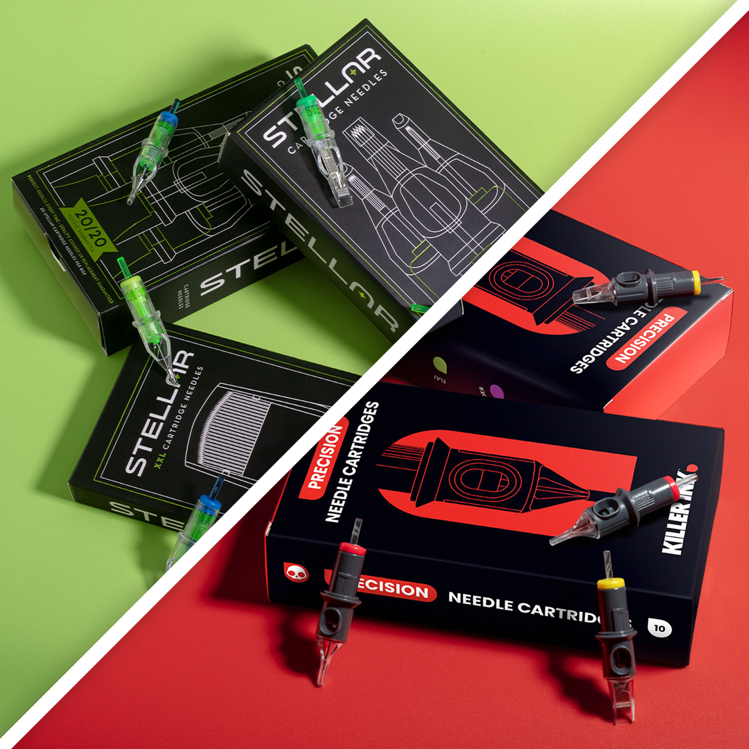 Scatole di cartucce Peak Stellar e Killer Ink impilate una sull'altra