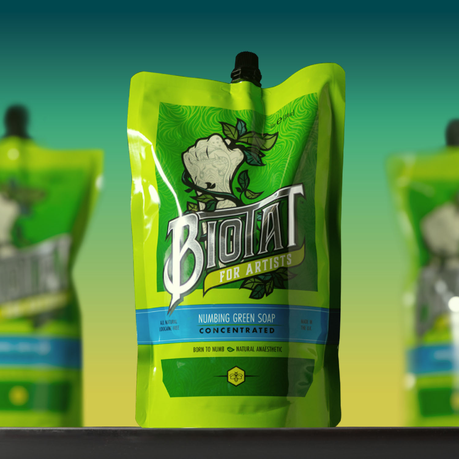 Primo piano del sapone verde anestetizzante Biotat