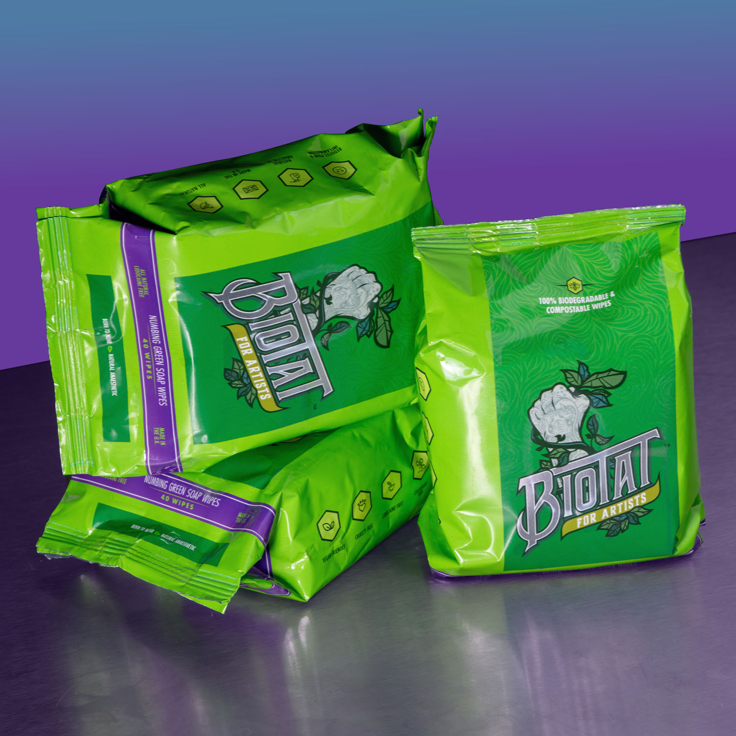 Primo piano delle salviette al sapone verde anestetizzante Biotat