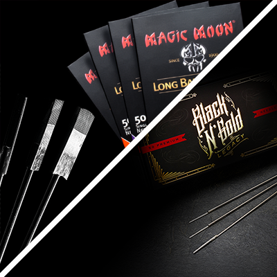 Un'immagine divisa che mostra aghi Magic Moon e aghi Black N Gold in diverse configurazioni.