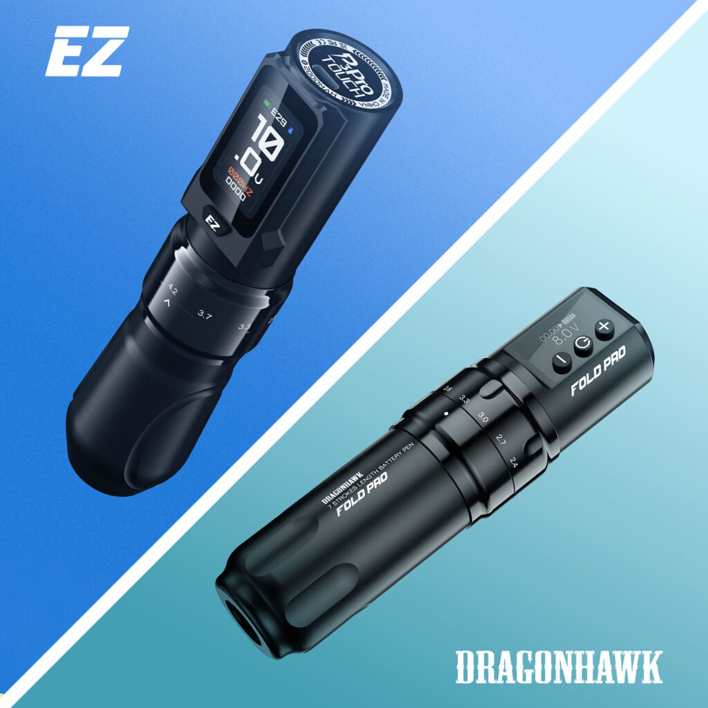 La macchina pen da tatuaggio EZ P3 Pro Touch e Dragonhawk Fold Pro.